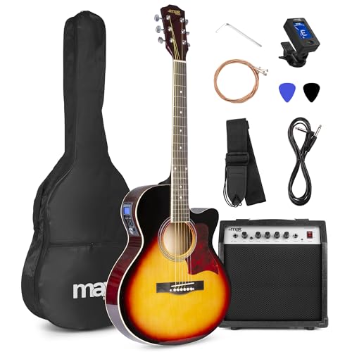 MAX ShowKit Elektro Akustik Gitarre Set mit Verstärker 40 Watt, Gitarrentasche, Gitarrenstimmgerät, Instrumentenkabel, Plektrum und E Akustikgitarre mit Tonabnehmer, Sunburst