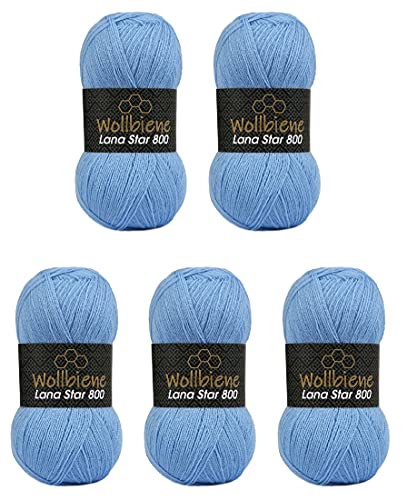 Wollbiene Wolle Wollbiene Lana Star 800 5 x 100g Strickwolle mit 25% Wolle 500 Gramm Wolle einfarbig türkische Wolle (hellblau 21)