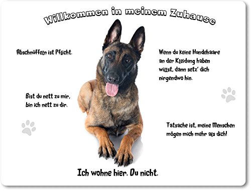 Merchandise for Fans Blechschild/Warnschild/Türschild - Aluminium - 30x40cm - - Willkommen in Meinem Zuhause - Motiv: Belgischer Schäferhund Malinois - 07