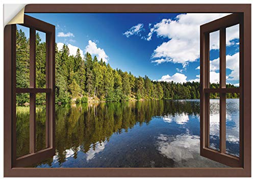 ARTland Wandbild selbstklebend Vinylfolie 70x100 cm Fensterblick Fenster Landschaft Wald Natur See Angelsteg Sonne Frühling T1DZ