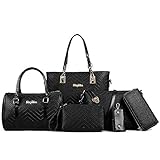 Damen Handtaschen Set 6 Stück PU-Leder Top Griff Tasche Frauen Geldbörse Umhängetasche, Schwarz