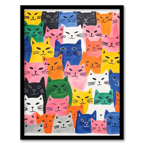 Purring Pussycats No1 Happy Cats Drawing Bold Colourful Modern Pastel Art Print Framed Poster Wall Decor 12x16 inch
