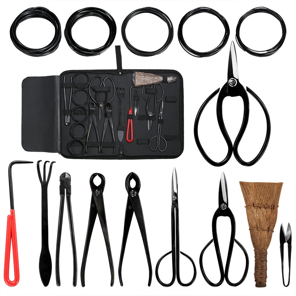 Audeuk Bonsai-Werkzeug-Kit 100-teiliges Set Carbonstahl, inkl. Cutter, Schere & Draht, Gartenwerkzeuge, Nylontasche