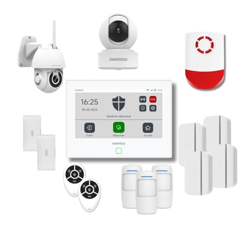 Daewoo Alarm-Set AM371, WiFi/GSM, Zentrale mit Touchscreen 7 Zoll, 12 Zubehörteile, Außensirene, 2 drehbare Kameras Full HD