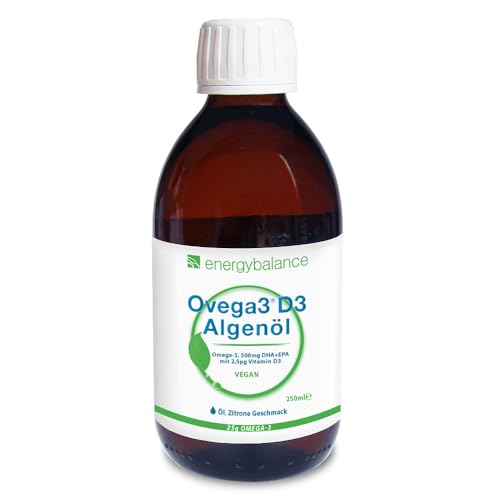 EnergyBalance Ovega3 D3 Algenöl DHA+EPA - Drink mit Omega3, Vitamin D3, Bio Zitrone Geschmack - ideal für Kinder - Vegan, Glutenfrei, ohne Gelatine - 250 ml