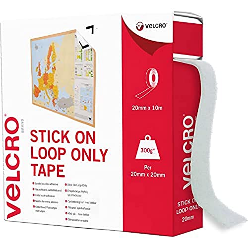VELCRO Marke | Klettband zum Aufkleben (nur Schlaufen-Seite) | Nach Bedarf zuschneidbares starkes Klettband (nur Schlaufen-Seite) mit Selbstklebender Haftung | Weiß | 20 mm x 10 m