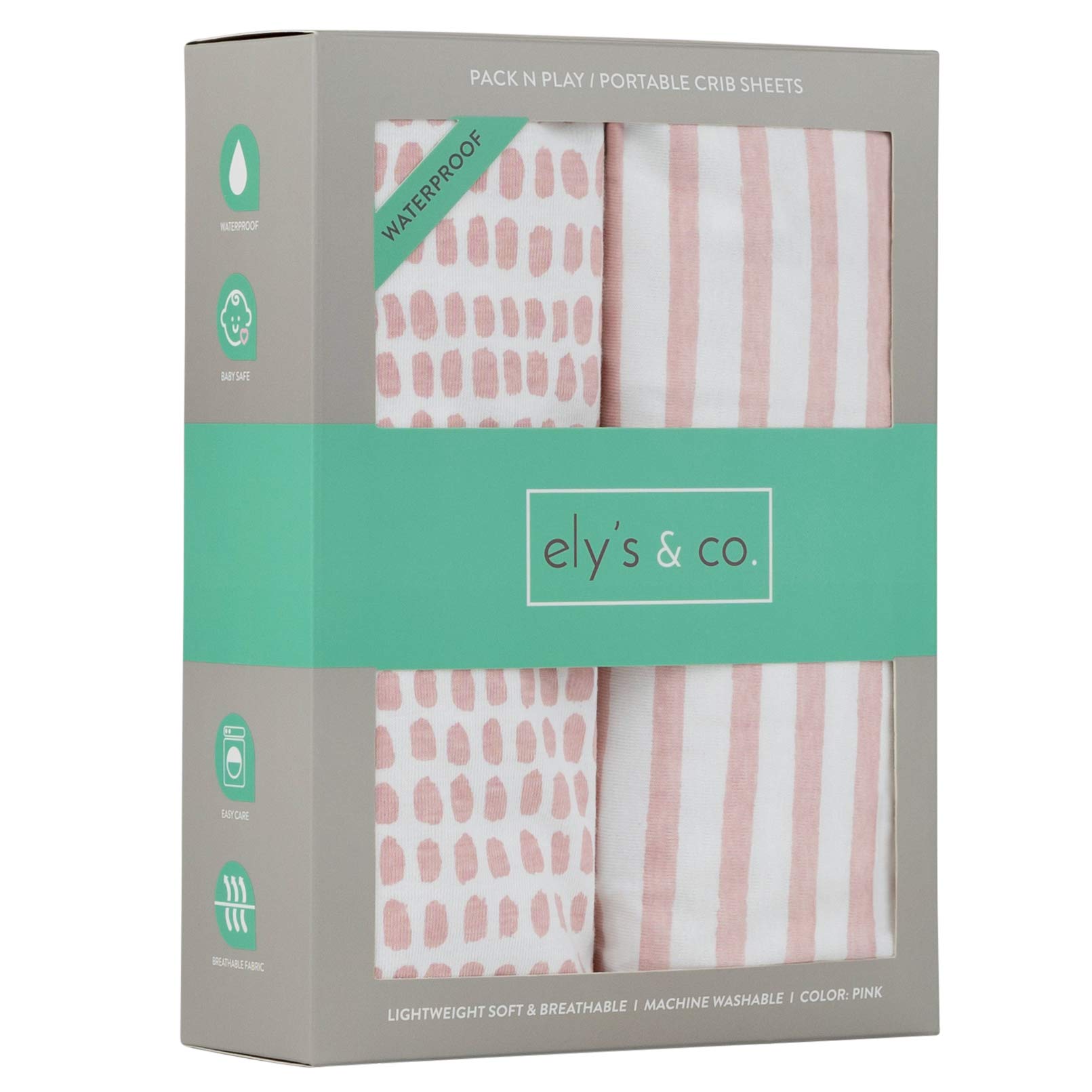 Ely's & Co. Wasserdichtes Laken, 2 Stück, Mauve Pink Splash & Stripes, für Mädchen