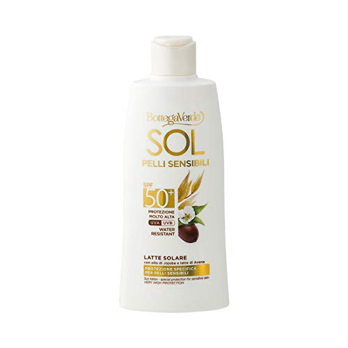 Bottega Verde, SOL sensible Haut - Sonnenmilch - spezifischer Schutz für empfindliche Haut - mit Jojobaöl und Hafermilch - sehr hoher Schutz SPF50+ (200 ml) - Waterresistant