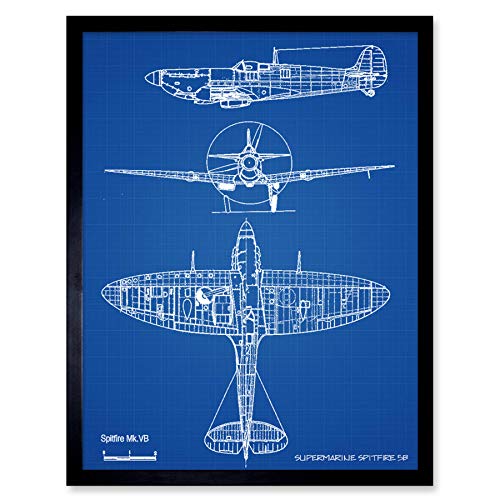 Supermarine Spitfire 5b Fighter Plane Blueprint Plan Art Print Framed Poster Wall Decor 12x16 inch Kämpfer Ebene Blau Wand Deko