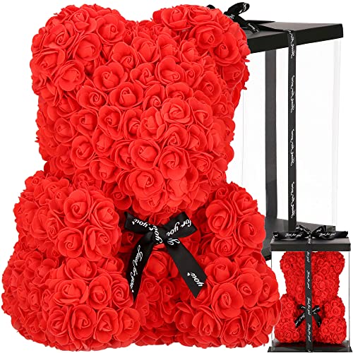 SPRINGOS Teddybär aus Rosen Rosenbär in Geschenkbox mit Schleife Kunstblumenfigur Höhe 36 cm Geschenk für Mama Verlobung Geburtstagsgeschenk