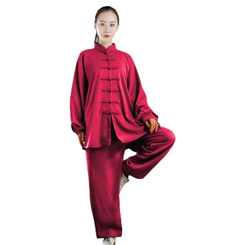 G-LIKE Tai Chi Uniform Anzug - Traditionelle Kampfkunst Taiji Kung Fu Qigong Wushu Wing Chun Shaolin Training Klassische Kleidung Lange Ärmel für Männer Frauen - Baumwolle Leinen (Rot, M)