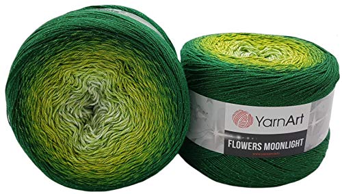 YarnArt Flowers Moonlight 500 Gramm Bobbel Wolle mit Glitzer und Farbverlauf, 53% Baumwolle, Bobble Strickwolle Mehrfarbig (grün Kiwi 3283)