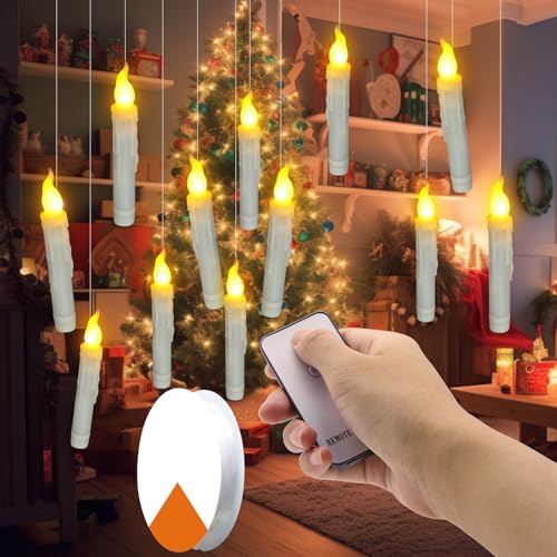 Ymenow Harry Potter Schwimmende Kerzen mit Fernbedienung, 12 Stück Elektrische LED Stabkerzen Flackernde Flamme Taper Kerzen mit Angelschnur für Zimmer Wohnzimmer Halloween Weihnachten Party Deko