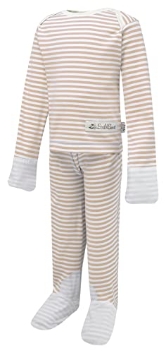 ScratchSleeves | Gestreifter Schlafanzug für juckende Kinder im Vorschulalter | Cremefarben/Cappuccino | 2-3 Jahre