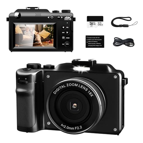 OKA gute Qualität Digitalkamera 4K 18X Digitalzoom 48MP Dual Kamera 8 Filter Fotokamera mit 32G Karte, 3.0'' Bildschirm Kompaktkamera Fotoapparat WiFi Vlog Kamera für Senioren Anfänger(Schwarz)