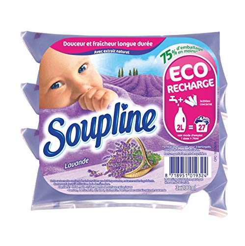 SOUPLINE - Weichspüler Soupline Lavender Eco-Nachfüllpackungen — für unglaublich sanfte Wäsche — lang anhaltende Frische — 3 x 200 ml = 2 Liter klassischer Weichspüler = 27 Wäschen