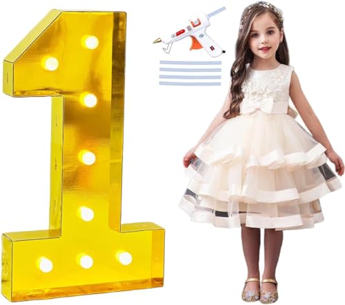 PILIN 100 CM Gold Large Led Light Up Number 1 Letters for Birthday Decor, mit Hei?klebepistole und Halterung, Marquee light up Numbers Party Wedding Graduation Baby Shower Decoration