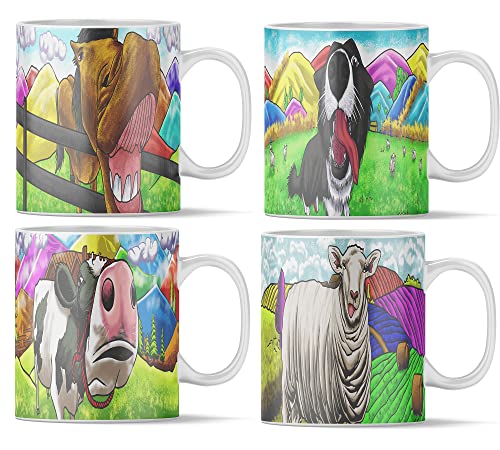 Bauernhoftier-Tassen-Set mit 4 x 11 Unzen - Hund, Pferd, Kuh und Schaf - Hochwertige Keramiktassen mit Tiermotiven | Kaffeetasse Teetasse Geschenkidee Geschenk | Tasse (4 Becher-Set)