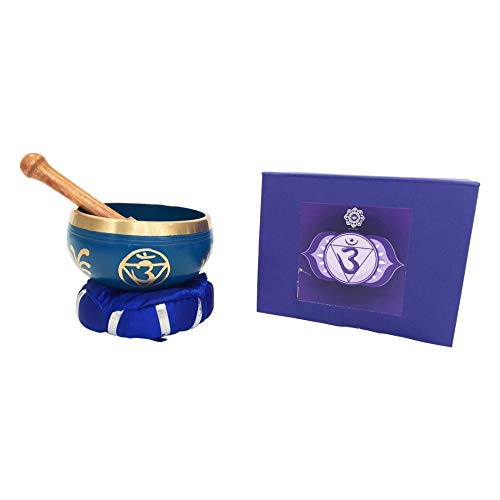 Saraswati Klangschalen Set „Ajna Chakra“ blau mit Klöppel & Kissen 10cm ca. 330g