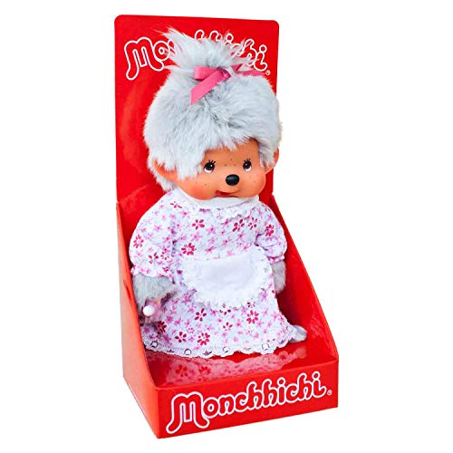 Sekiguchi 233150 - Original Monchhichi Großmutter, aus grauem Plüsch, mit Kleid und Zopf mit Schleife, ca. 20 cm