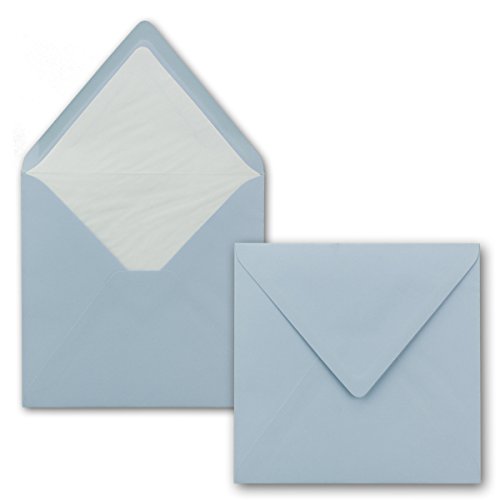 Umschläge Quadratisch 16 x 16 cm - 100 Stück - Hellblau mit weißem Seidenfutter - gefütterte quadratische Briefumschläge - Nassklebung