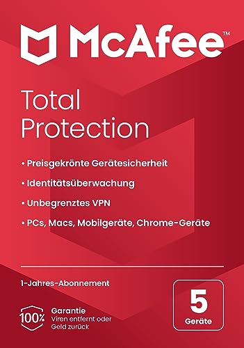 McAfee Total Protection 2023 | 5 Geräte | Virenschutz- und Internet-Sicherheitssoftware |VPN, Kennwort-Manager und Dark Web-Überwachung | PC/Mac/Android/iOS | 1-Jahres-Abonnement | Zustellung per Post