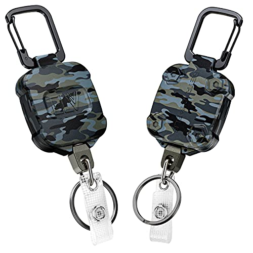 ELV Selbsteinziehbarer Ausweishalter, Schlüsselrolle, strapazierfähig, 81,3 cm Kordel, Karabiner-Schlüsselanhänger, hält bis zu 15 Schlüssel und Werkzeuge (Camouflage-Muster 1)