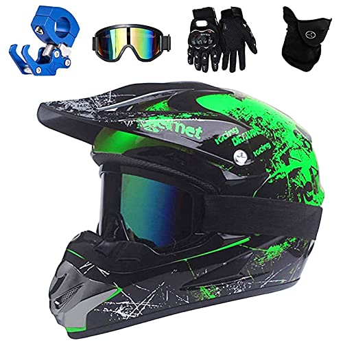 QYTK® Enduro Crosshelm Grün, All Terrain Motocross Downhill Helm Zubehör mit Brille Maske Handschuhe Helmhaken Full Face MTB Herren Helm für Mountainbike Moped Bergbuggy Sport Sicherheit,XL(58~59CM)