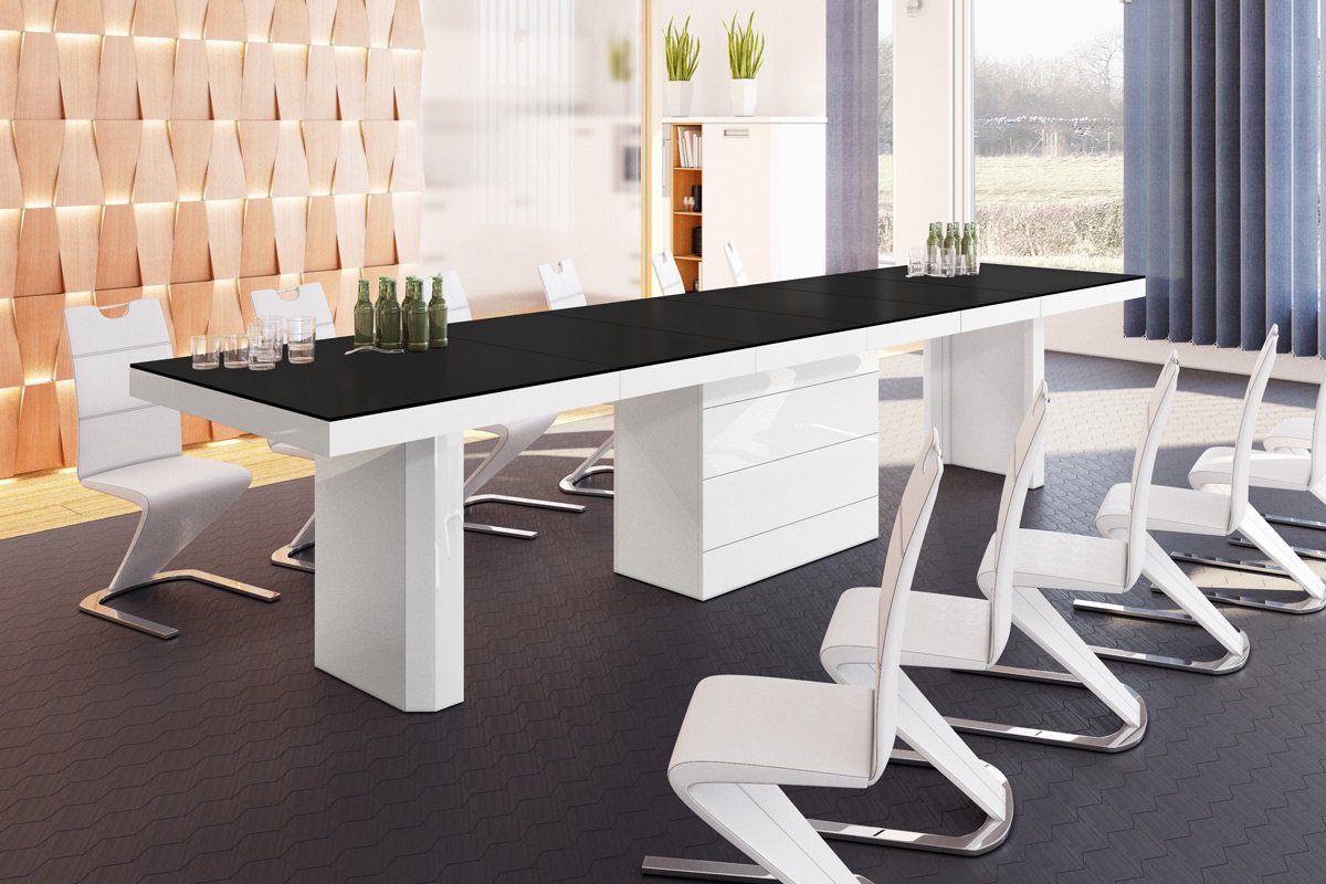 Design Esstisch Tisch HE-444 Schwarz MATT/Weiß HOCHGLANZ KOMBINATION XXL ausziehbar 160 bis 412 cm