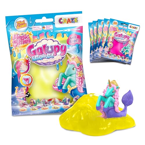 CRAZE Magic Slime Bag GALUPY Mermaid 6er Set | Schleim Kinder 6X 75ml Beuteln, Slime Set mit Galupy Mermaid Einhorn Figur Überraschung, geruchsneutral, rückstandsfrei