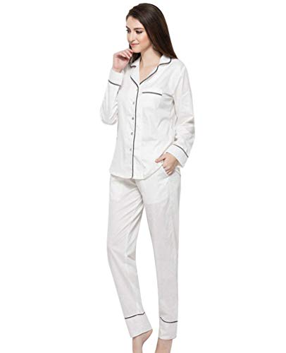 Damen Pyjama-Set Frühling Herbst Einfach Style Homewear Elegante Longsleeve Vintage V-Ausschnitt Nachtwäsche Einreihig Fashion Klassiker Pyjama Schlafanzughose (Color : Weiß, Size : L)
