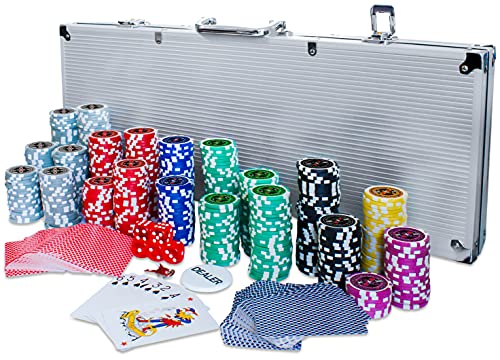 Eaxus® Deluxe Pokerkoffer - ♣️ Hochwertiges Profi Pokerset mit 500 Laser Chips, Kartendecks & Würfeln