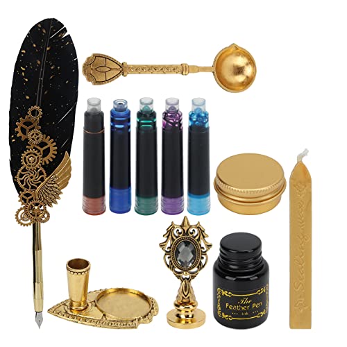 Glas Dip Pen, Exquisite Quill Pen Spray Gold Pen Case Dual-Funktions-Stifthalter SP287901 + Ink Sac Type, Antique Gold Gear Sprinkled Gold Black (Turkey Feather)