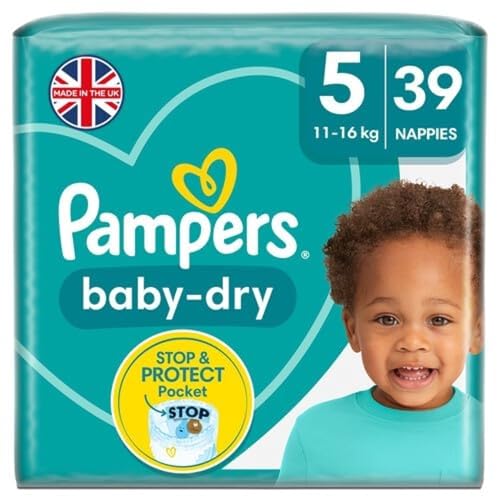 Pampers Baby-Dry Größe 5, 39 Windeln, 11-16 kg, Essential Pack, Luftkanäle für atmungsaktive Trockenheit über Nacht