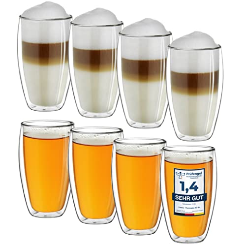 Creano Thermogläser doppelwandig 250ml „DG-SH“, 8er Set, große doppelwandige Gläser aus Borosilikatglas, Kaffeegläser, Teegläser, Latte Macchiato Gläser