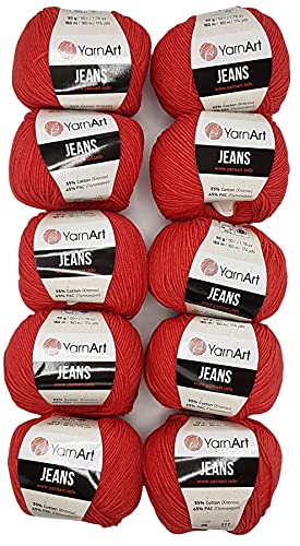 10 x 50g Strickwolle YarnArt Jeans einfarbig mit 55% Baumwolle, 500 Gramm Wolle uni (rot 26)