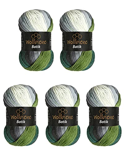5 x 100g Wollbiene Batik 500 Gramm Wolle mit Farbverlauf mehrfarbig Multicolor Strickwolle Häkelwolle (5700 schwarz grau grün)
