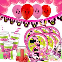Tischdeko + Raumdeko Set Minnie Maus 151-tlg für 8 Kinder mit Teller, Becher inkl. Passender Deckel, Servietten, Tischdecke, Luftballons, Banner, Konfetti, Trink-Halme & Ballongirlande