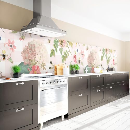 Arcondo Küchenrückwand Spritzschutz Selbstklebend mit Motiv Insekten und Blumen auf Karomuster Folie Premium Glanz 300 x 70 cm