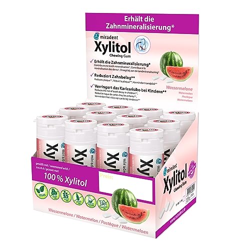 miradent Xylitol Zahnpflegekaugummi Wassermelone Display 12 St. | fruchtiger Geschmack | zuckerfrei | vegan | kariespräventiv | ohne Aspartam, Sorbitol, Laktose, Titanium Dioxid | für unterwegs