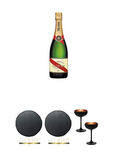 Mumm Cordon Rouge Champagner 0,75 Liter + Schiefer Glasuntersetzer RUND 2 Stück + Sektschale/Champagnerschale Stölzle 2 Gläser