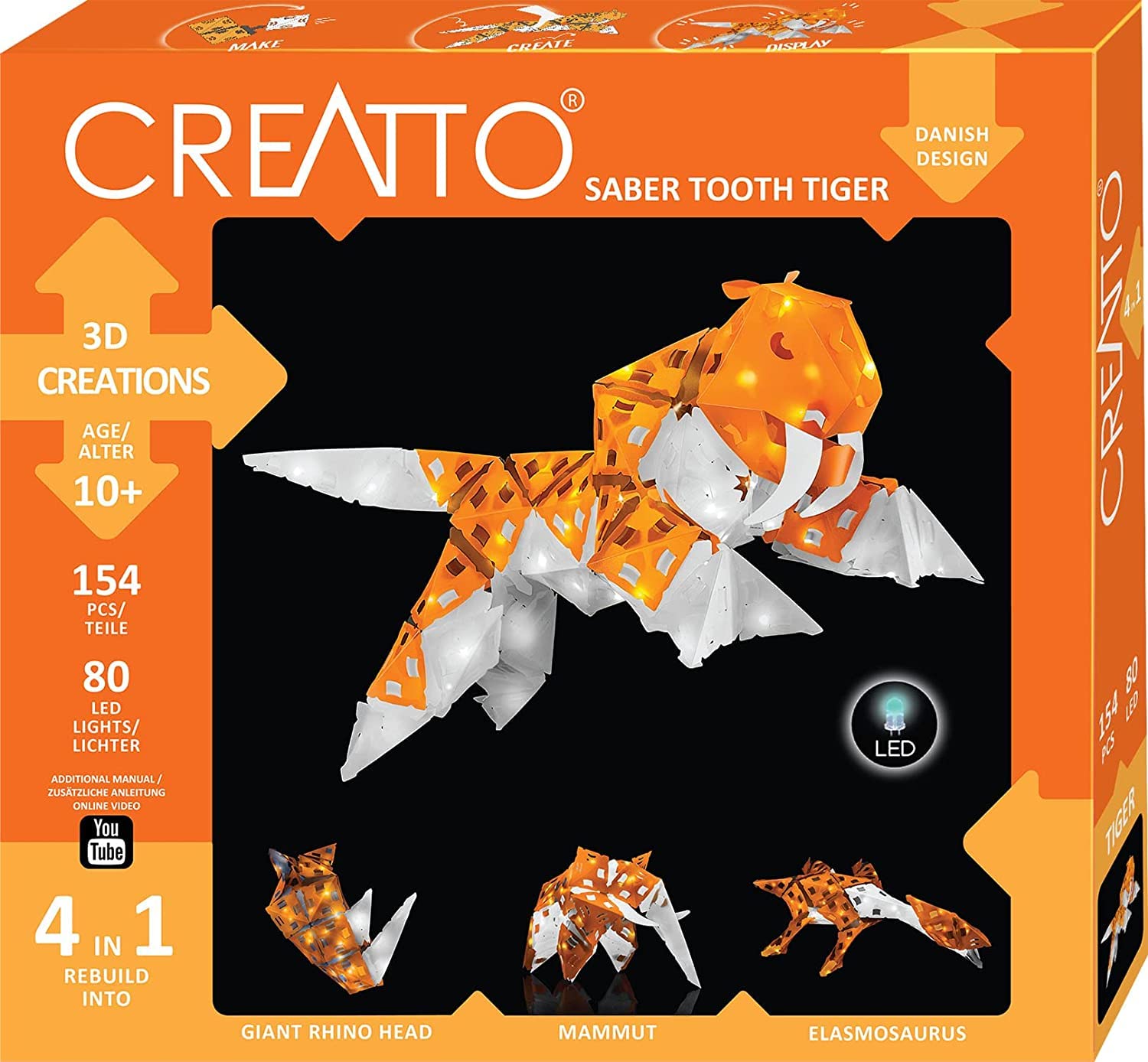 KOSMOS 3676 CREATTO Säbelzahntiger, 3D-Leuchtfiguren entwerfen, 3D-Puzzle-Set für Säbelzahntiger, Echse, Nashornkopf, Mammut, kreative Zimmer-Deko, 154 Teile, 80-TLG LED-Lichterkette