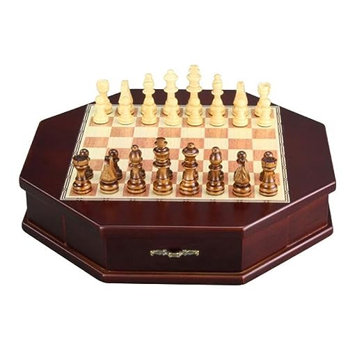 LNNLOO Schach Portable Achteckige Hölzerne Schachbox Mit 2-Schubladen, Pädagogische Spiel Schach Sets Geschenke Für Kinder Und Erwachsene, Exquisite Dekoration Für Zuhause/31 * 31 * 6Cm