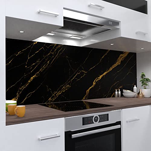 One-Wheel, Küchenrückwand selbstklebend, Marmor schwarz gold, 280 x 60cm harte PVC Folie, Spritzschutz für Fliesenspiegel