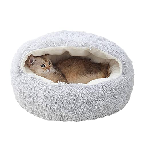 JINGLING Cave Hooded Plush Donut Pet Bed, Semicircular Pet Bed Round Soft Plush Burrowing Cave Hooded Cat Bed For Dogs Cats Self Warm Indoor Sleeping Bed, Anti-slip Bottom