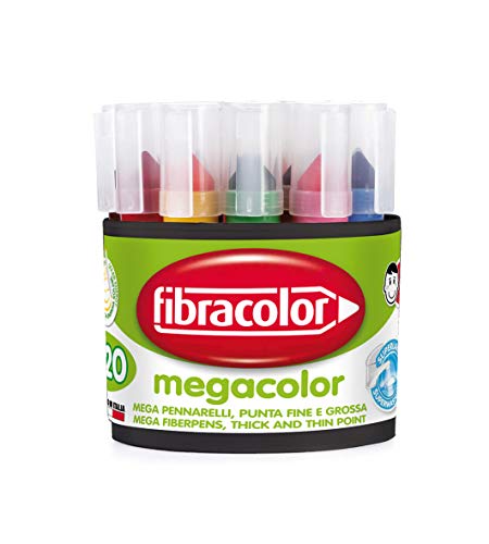 Megacolor Fibracolor Fasermaler, Dose 20 Stück, 2 Stück von je 10 Farben, Maxi Kegelspitze, Mega Tintenfüller, super waschbar