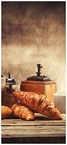 Wallario Selbstklebende Türtapete Französisches Frühstück mit Café und Croissants - 93 x 205 cm in Premium-Qualität: Abwischbar, Brillante Farben, rückstandsfrei zu entfernen