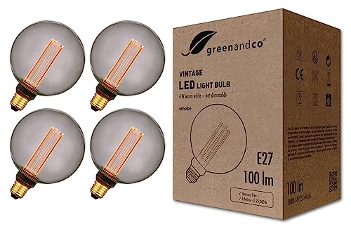 greenandco 4x Vintage Design LED Lampe zur Stimmungsbeleuchtung E27 G125 Edison Glühbirne 4W 100lm 1800K smoke extra warmweiß 320° 230V flimmerfrei, nicht dimmbar, 2 Jahre Garantie
