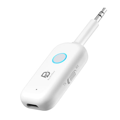 ByDiffer Bluetooth 5.2 Audio Sender Empfänger für Fernseher zu 2 Kabellosen Kopfhörern, Dual Link 3,5 mm Klinke, AptX Low Latency Aux Bluetooth Adapter für Auto, Flugzeug (Weiß)
