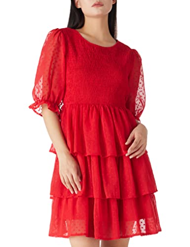 Amazon Brand - find. Damen-Sommerkleid, Elegantes mehrlagiges A-Linien-Minikleid mit Rüschen, lässig, Rot, Größe XL